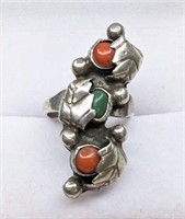 Ladies Sterling Coral & Turquoise Ring