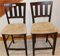 (2) Wood Bar Chairs w/ Suede Seats