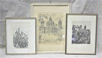 3 Framed Prints: 10x14" City Scene, 10x12" Castle