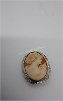 Antique 10KT White Gold Shell Cameo Brooch