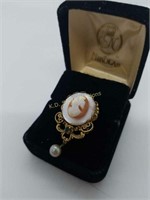 Antique Cameo in Mother of Pearl Mirror Pin