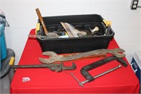 BOX OF CLAMPS, PIPE WRENCHES