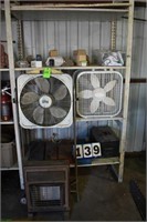 Contents of (3) Shelves; (3) Fans, Gas Heater,