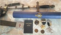 Masonic sword, pins, book, coins Etc