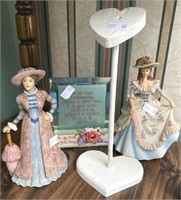 Porcelain Lady Figurines, Wood Heart & Decor