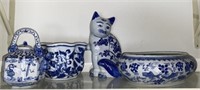 Blue Ware Tea Pot, Planter, Bowl, Cat Figurine