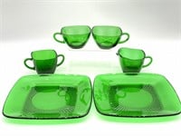 (2) Green Square Glass Plates 8.5”, (2) Cups,