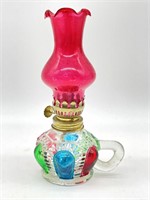 Small Painted Colored and Clear Glass Oil Lamp