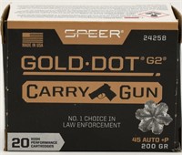 20 Rounds Of Speer Gold Dot .45 Auto +P Ammo