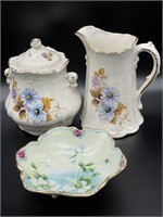 Floral Ceramic Pitcher, Footed Dish, and Jar w