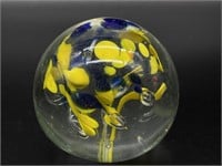 Blue and Yellow Glass Paperweight 3”