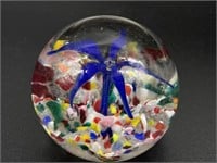 Blue Floral Glass Paperweight 3”