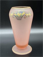 Pink Glass Floral Painted Vase 8”