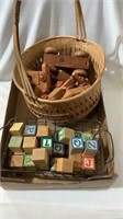 Wooden toy  trains, wooden letters, 2 baskets