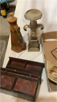 Candle holder, tiny cabinet, pictures,