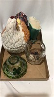 Cookie jar, vases, ball & jacks