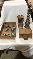 Candle holder, vases, small metal pot and tea