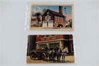2 Vintage Fire House Themed Postcards