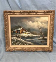 Antique Cabin on Water Oil on Canvas