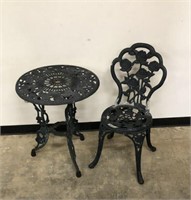Vtg Ornate Cast Aluminum Table & Chair
