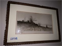 Etching by E.S. Field Seascape w/ Old House