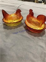 PAIR OF RED/ AMBER HEN ON NEST COVERED DISHES