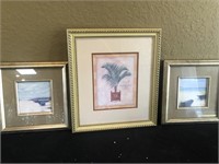 3 framed Prints, beach scenes & Palm Tree