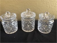 3 Crystal Glass Biscuit jars with lids 8"h 5' dia