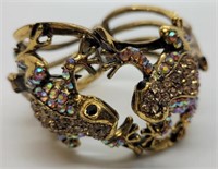 Hinged cuff bracelet with frogs & Aurora Borealis