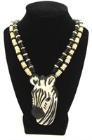 Wooden Bead Necklace w/ Porcelain Zebra