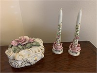 Hand painted pink rose ceramic dish and pair of