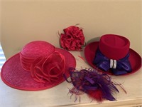 Red wool felt hat with purple silk bow and