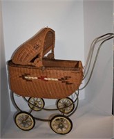 1940's Doll Wicker Stroller w/Metal Wheels