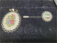 Vintage Needle Point Penant & Pin Set Silver Toned