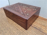 Brass Inlay Carved Front Wooden Box 7 3/4inWx6inDx