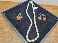 Silver Toned Amber Jeweled Pendant&Ear Ring Set +