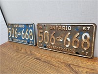 Vintage 1967 Matched Ontario Licence Plates