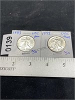 1943 Unc Gem & 1943 UNC Mint, Liberty Half Dollar