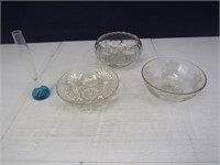 (3) Etched Glassware Bowls & (1) Single Stem Vase
