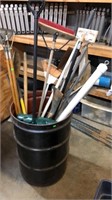 55 Gallon Metal Drum and long handle tools,