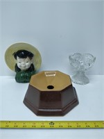 spittoon, ceramic decoration and glass bowl