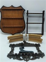 lot of wooden displays and coat hangers