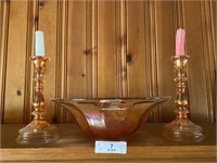 Carnival Glass Bowl and Candlesticks