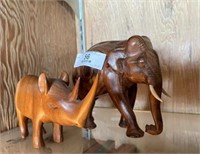Elephant and Rhino Wood Carvings