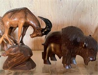 Wood Carved Ram and Buffalo
