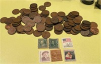 Lot of Unsearched Wheat Pennies & 6 Stamps