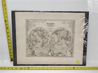 The world in hemispheres map, circa 1880, 18"x14"