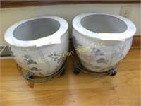 (2) ceramic pots w/rolling stands