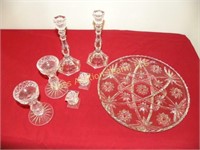 Crystal platter & (3) pairs glass candlesticks
