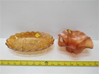 Pair of Carnival Glass dishes, peacock tail, etc.